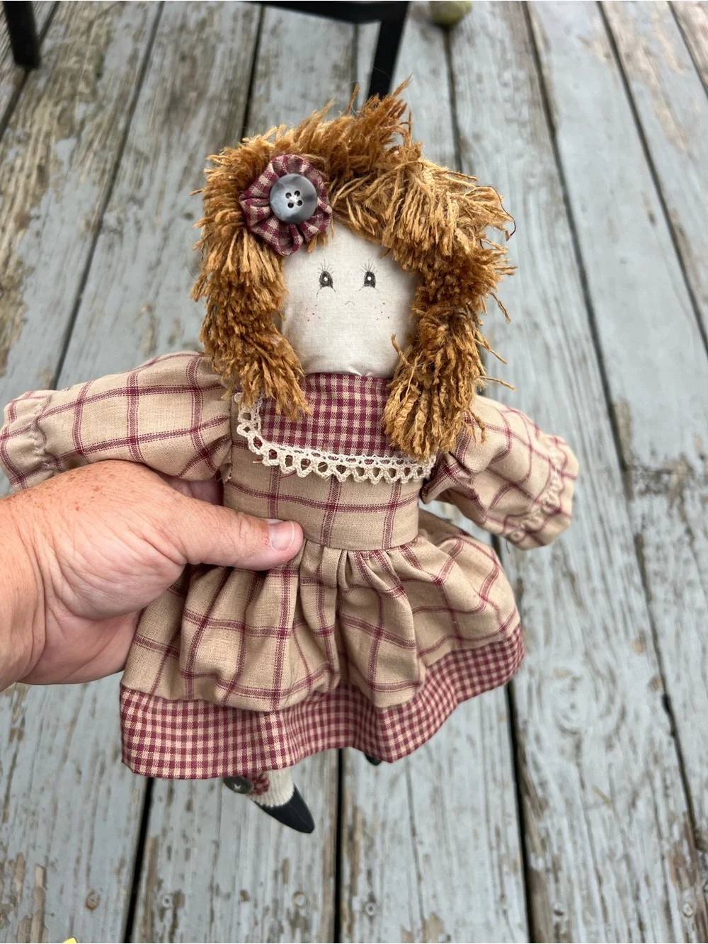 Vintage Beige and Burgundy Plaid Cloth Doll